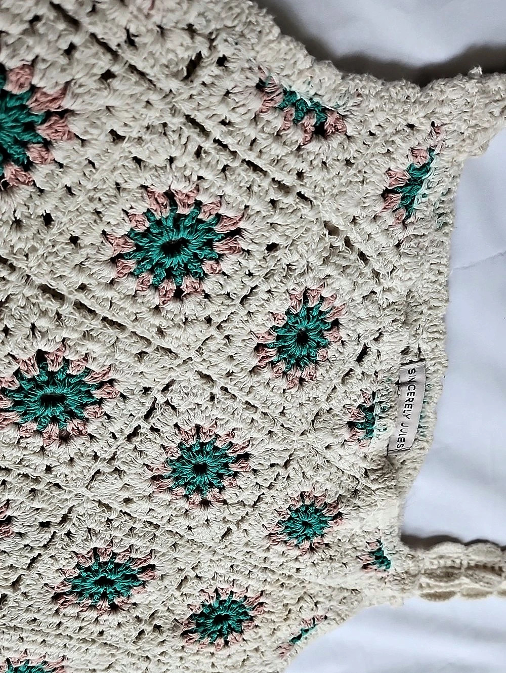 Sincerely Jules Cream & Teal Granny Square Crochet Mini Dress Size S